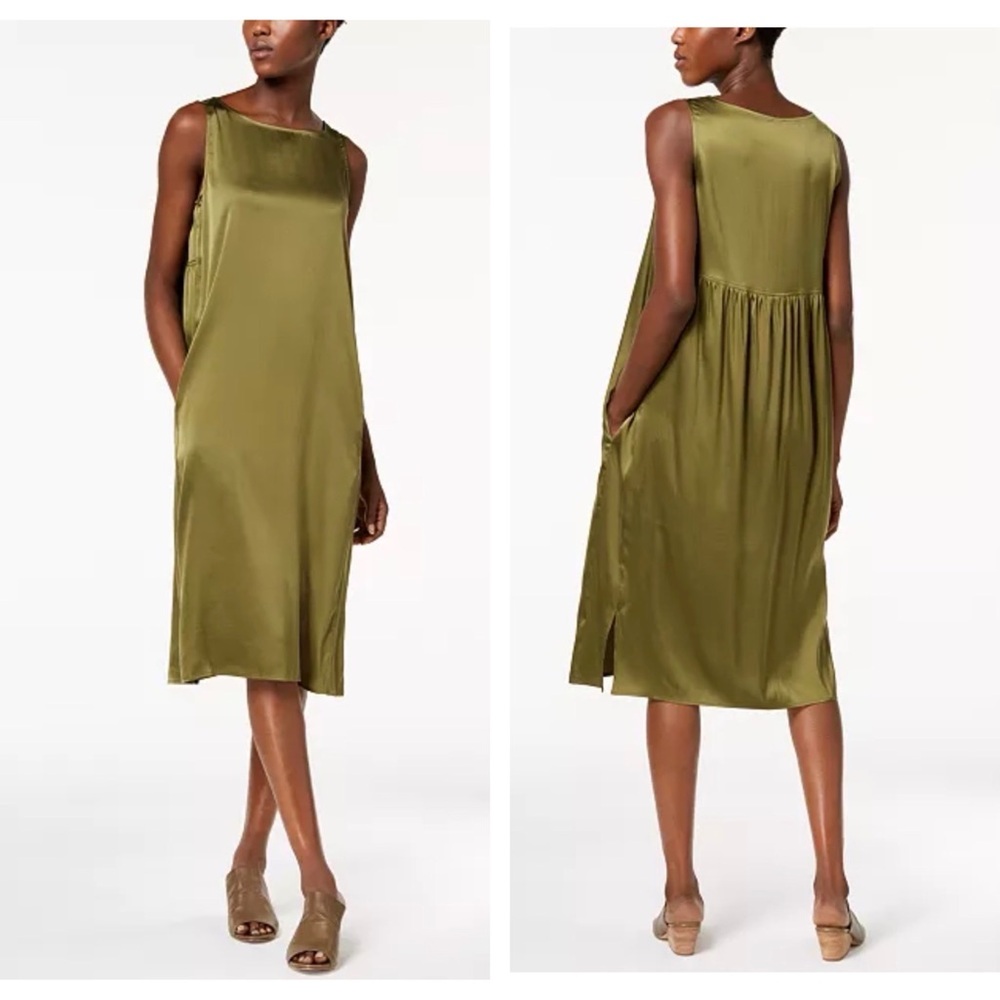 Eileen Fisher olive bateau neck calf length stretch silk dress NWT size xxs